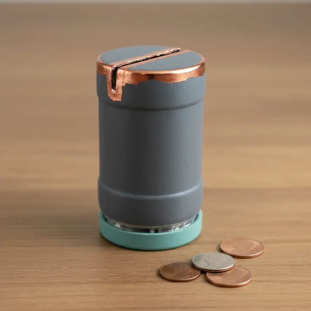 A clean, painted soda bottle with a coin slot cut into the side, sitting on a desk.