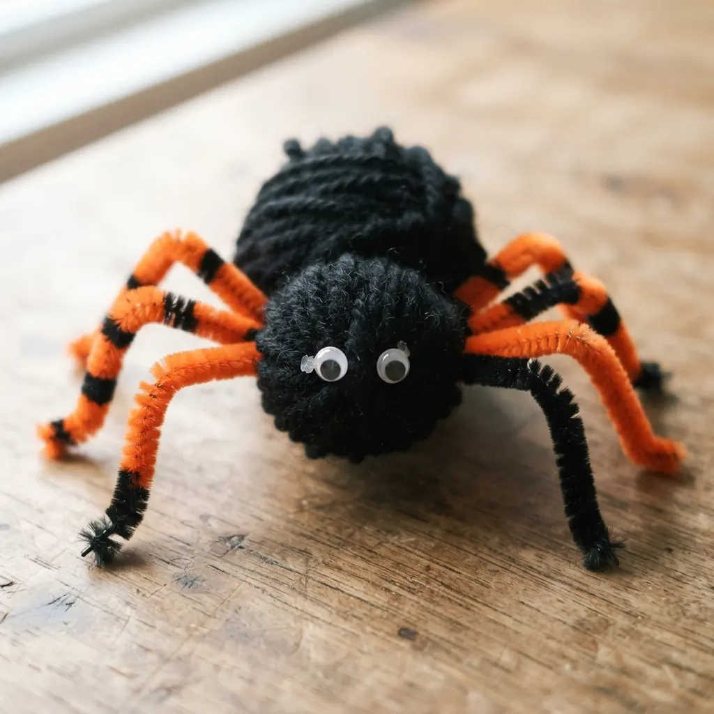 A small black yarn pom pom spider with eight bent pipe cleaner legs and two large googly eyes.