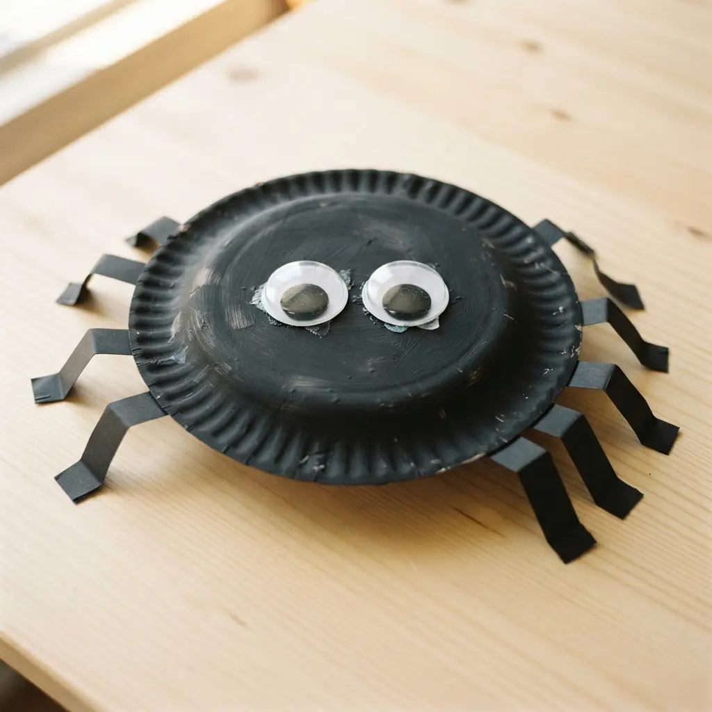 A black painted paper plate spider with eight accordion-folded paper legs and two oversized googly eyes.
