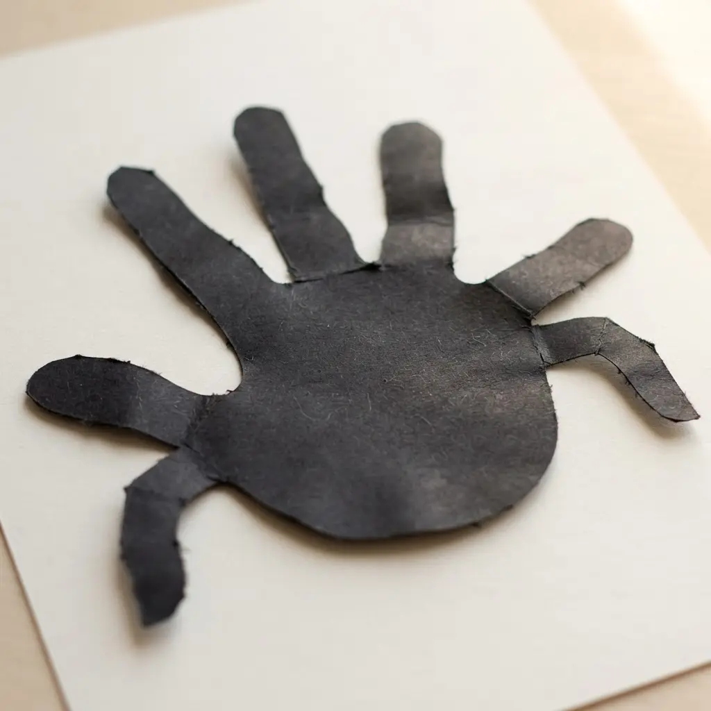 A black spider shape created by tracing and cutting two mirrored handprints on construction paper.