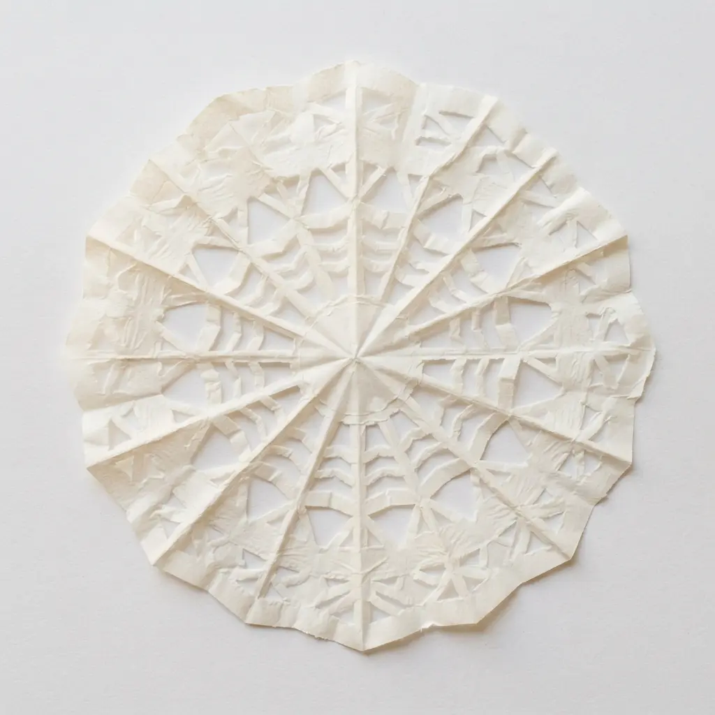 A intricate spider web cut from a white paper doily, displayed against a dark background.
