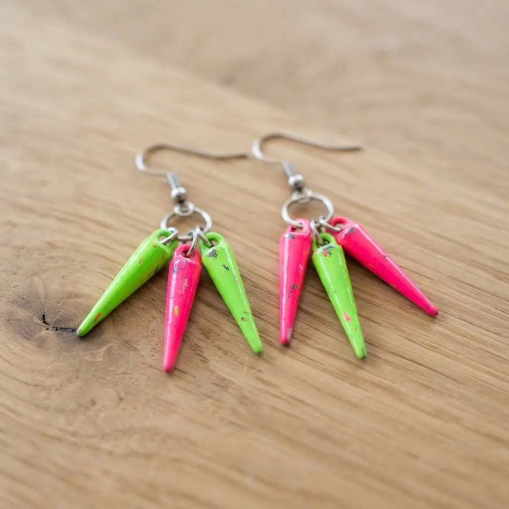 A pair of earrings with metal spikes coated in vibrant neon pink and green paint.