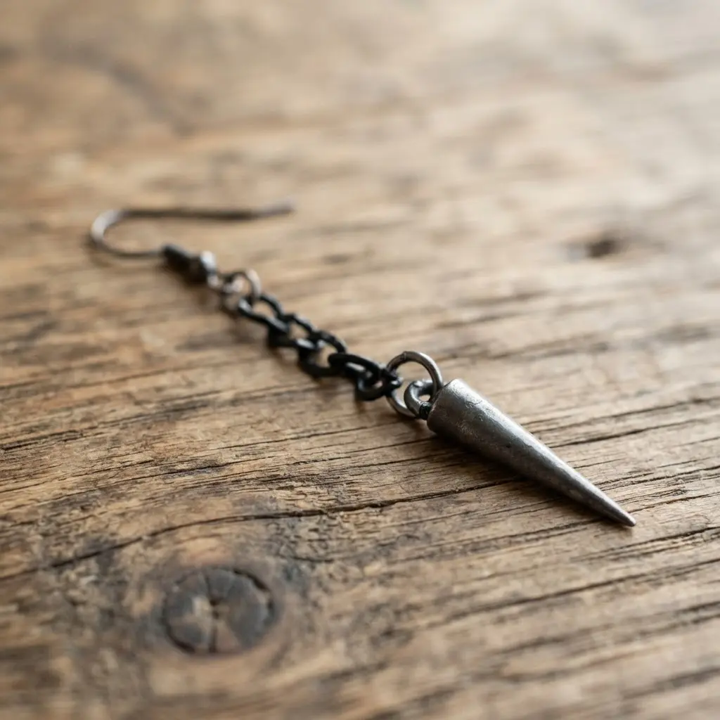 A single earring featuring a matte gunmetal spike connected by jump rings to a short, linked chain.