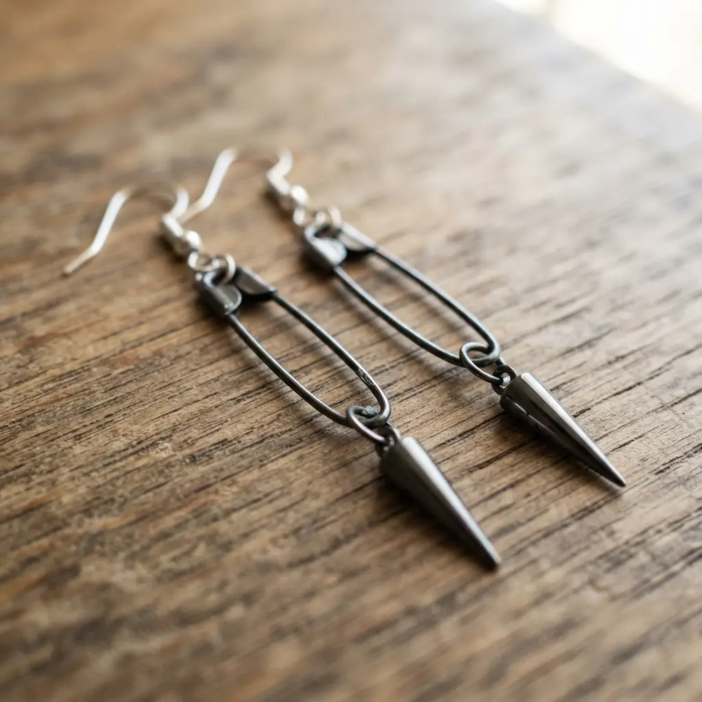 Earrings with a gunmetal spike hanging below a small safety pin charm on a fishhook finding.
