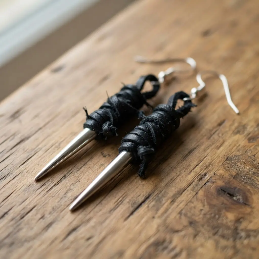 A pair of long dangle earrings with a silver spike tip peeking out from a wrapped black leather section.