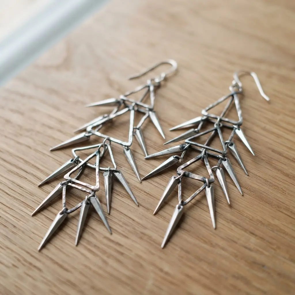 A pair of substantial chandelier earrings made from geometric silver wire forms and large spikes.