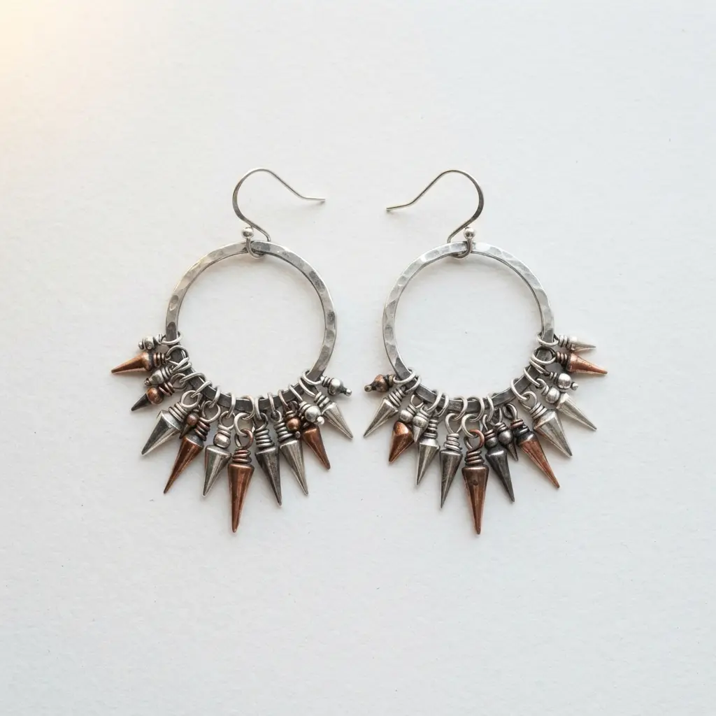 Hoop earrings with a cluster of small spikes in mixed silver and copper tones attached.