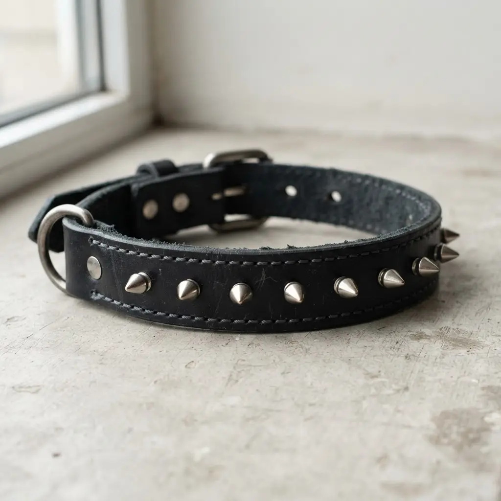 A close-up of a black leather choker necklace with rows of mounted silver cone spikes.