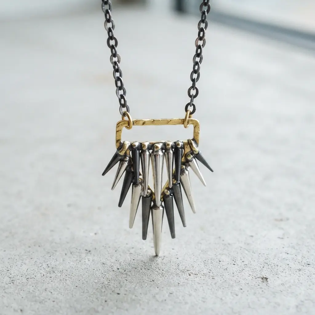 A statement pendant featuring mixed silver and gold spike shapes wired together.