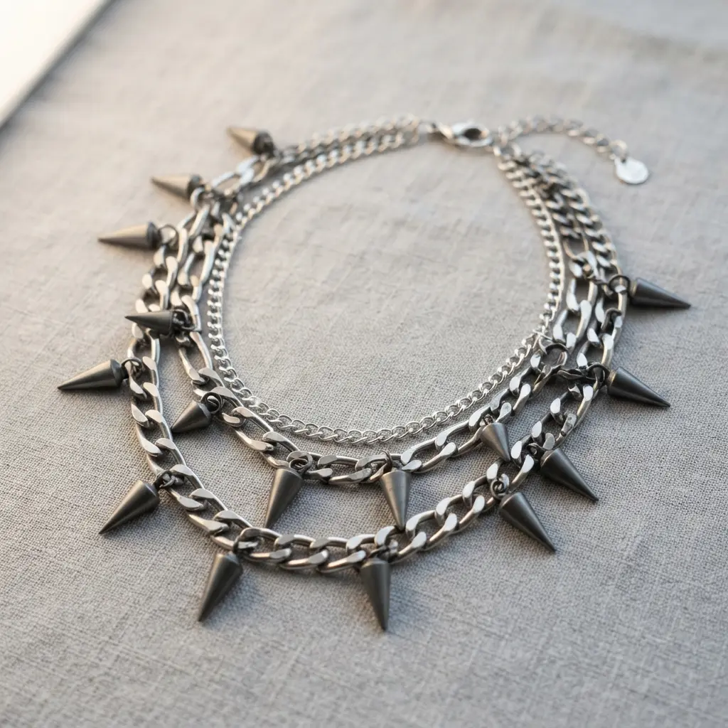 A layered necklace featuring several silver curb chains with attached spike studs.