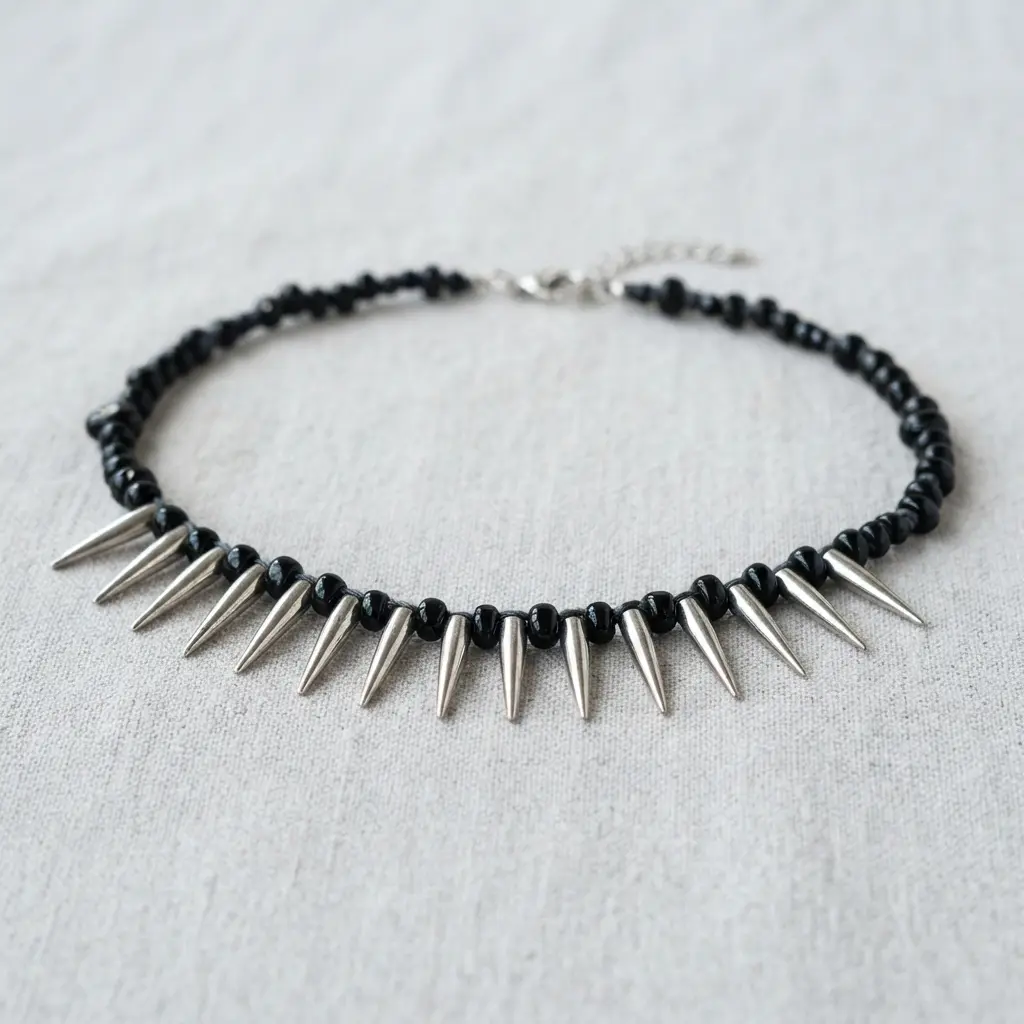 A beaded choker necklace where round black beads alternate with silver spike charms.