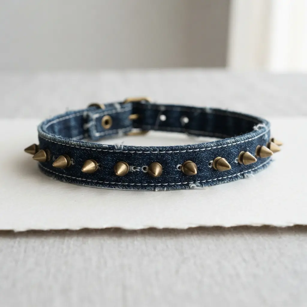 A blue denim fabric choker necklace with silver spike studs pressed through the material.