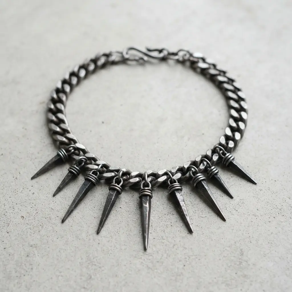 A heavy silver curb chain necklace with integrated spike links and connectors.