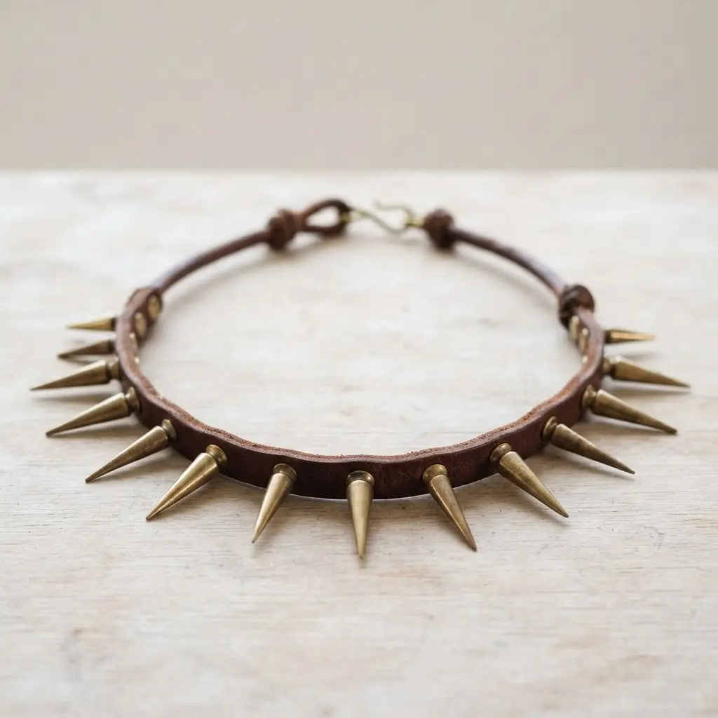 A brown leather cuff bracelet featuring a precise pattern of gold pyramid studs.