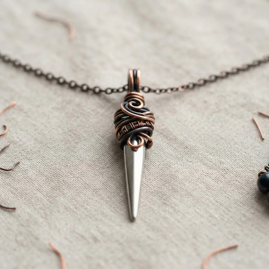 A jewelry design showing a silver spike wrapped with artistic coils of copper wire.