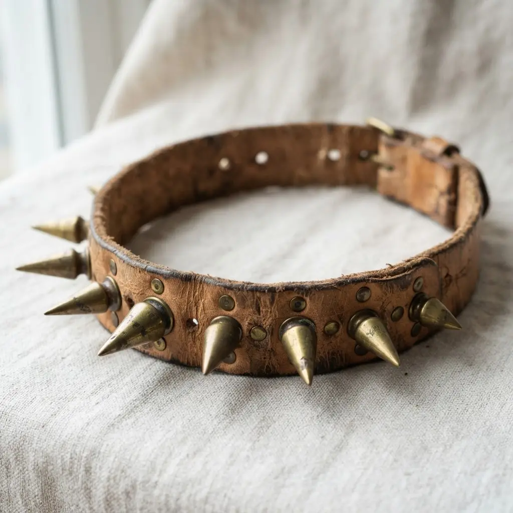 A necklace made from a repurposed brown leather belt with added brass spike studs.