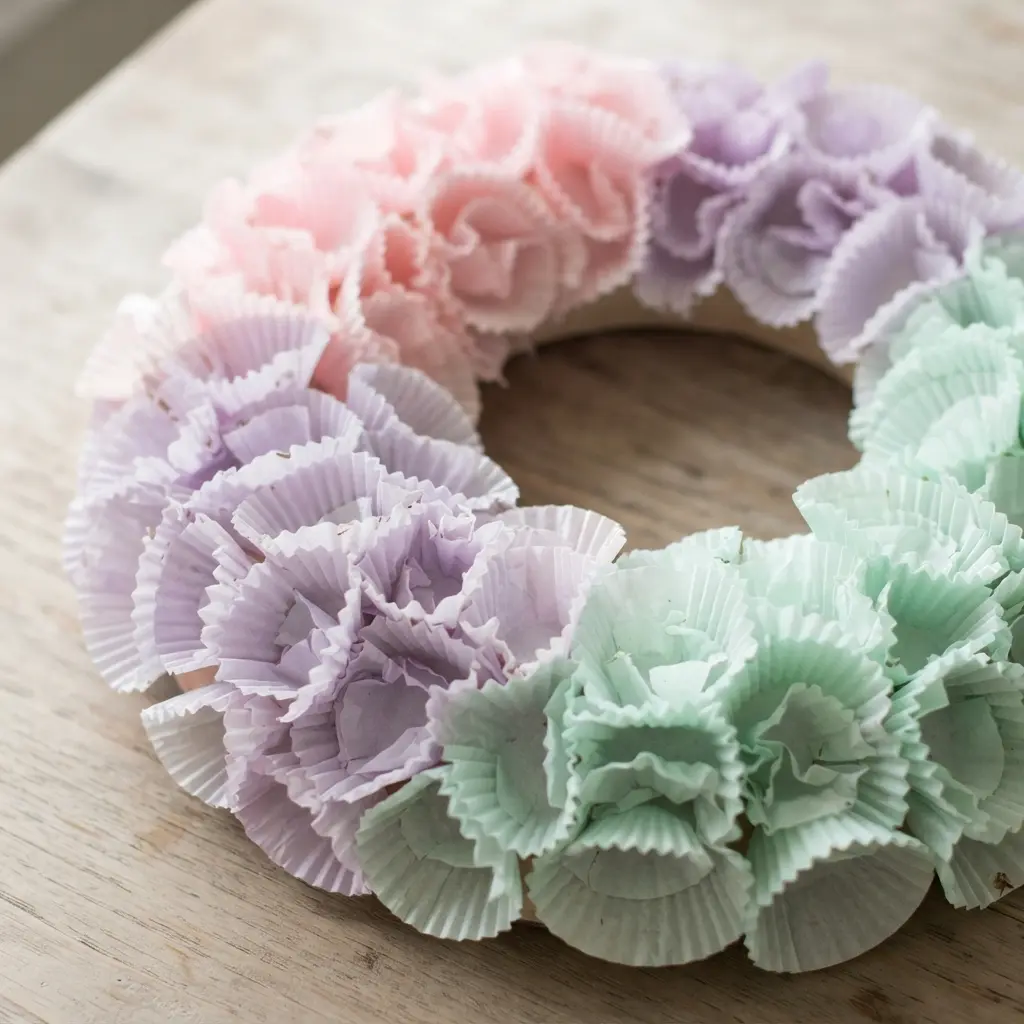 A circular wreath made from light pink, lavender, and mint green cupcake liners folded into ruffled flowers that blend in an ombre pattern.