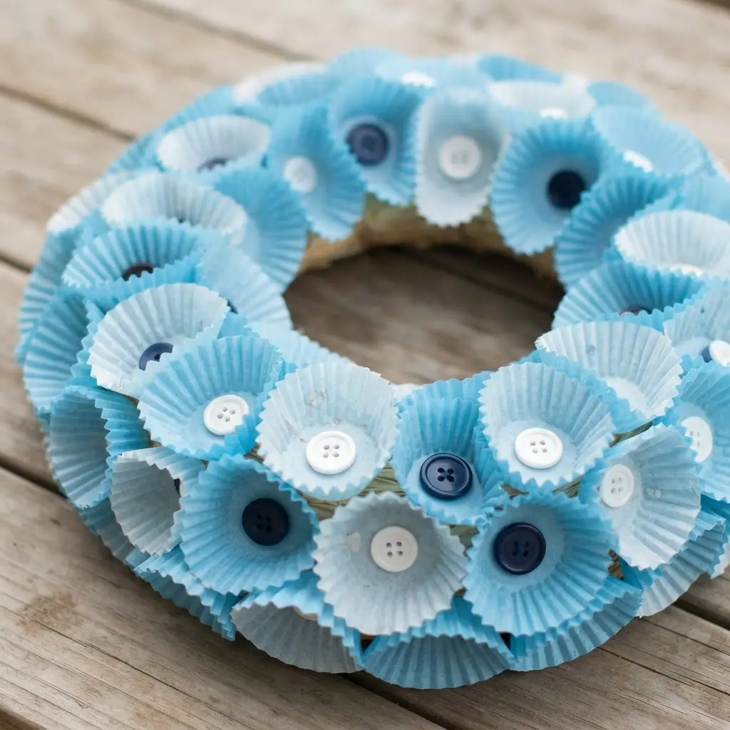 A sky blue wreath with cupcake liners shaped into petals, each flower center adorned with a contrasting white or navy button.