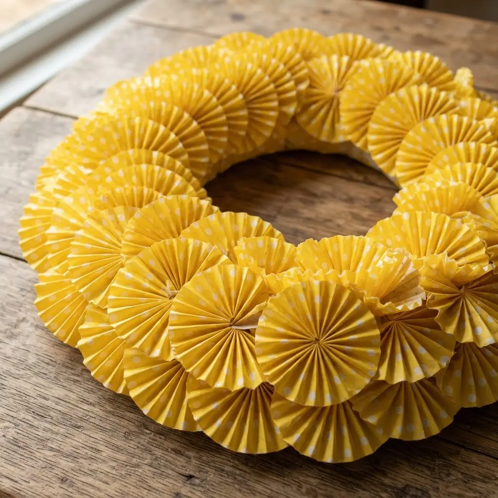A sunny wreath constructed from yellow polka dot patterned cupcake liners folded into crisp fan shapes arranged in dense layers.
