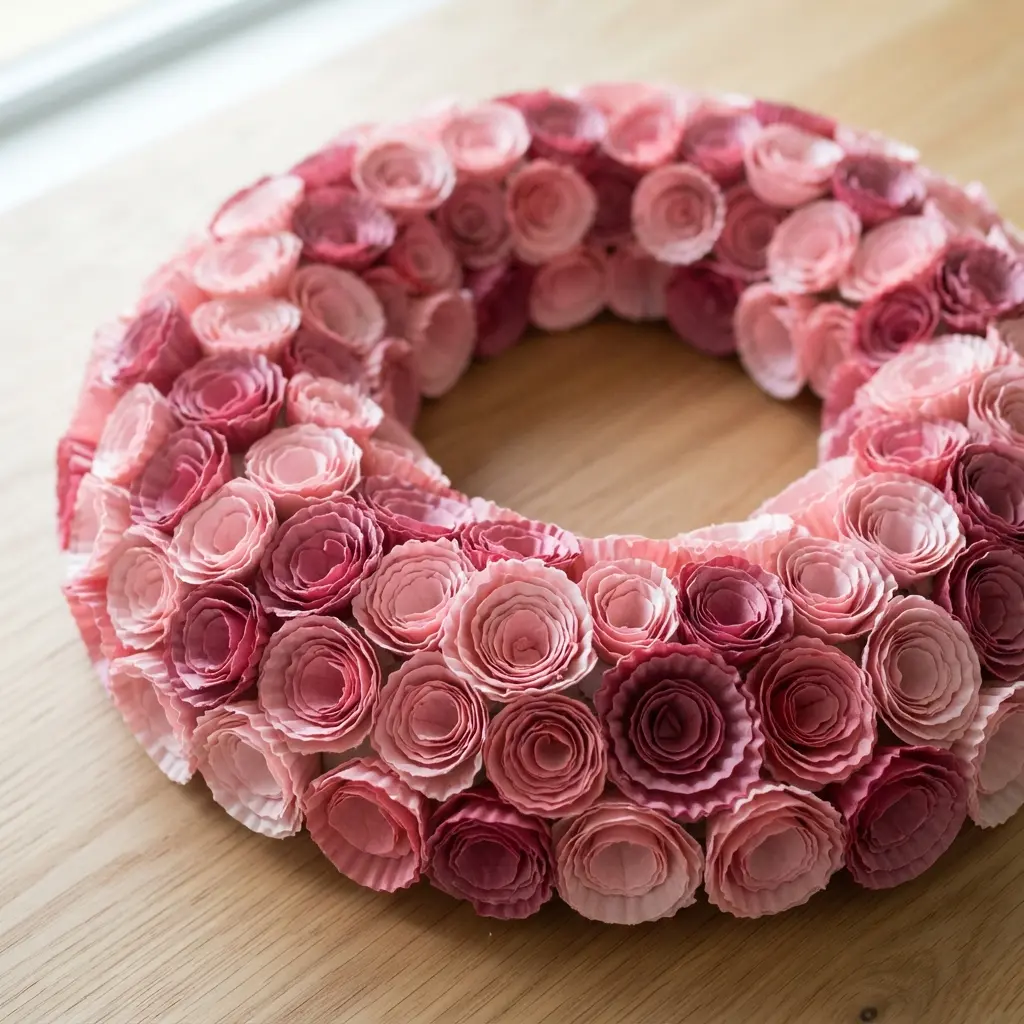 A lush wreath featuring various shades of pink cupcake liners rolled and shaped into delicate paper roses covering a circular base.
