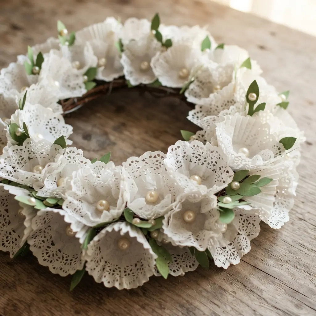 A sophisticated white wreath using lace-patterned paper liners shaped into flowers, accented with pearl beads and green paper leaves.