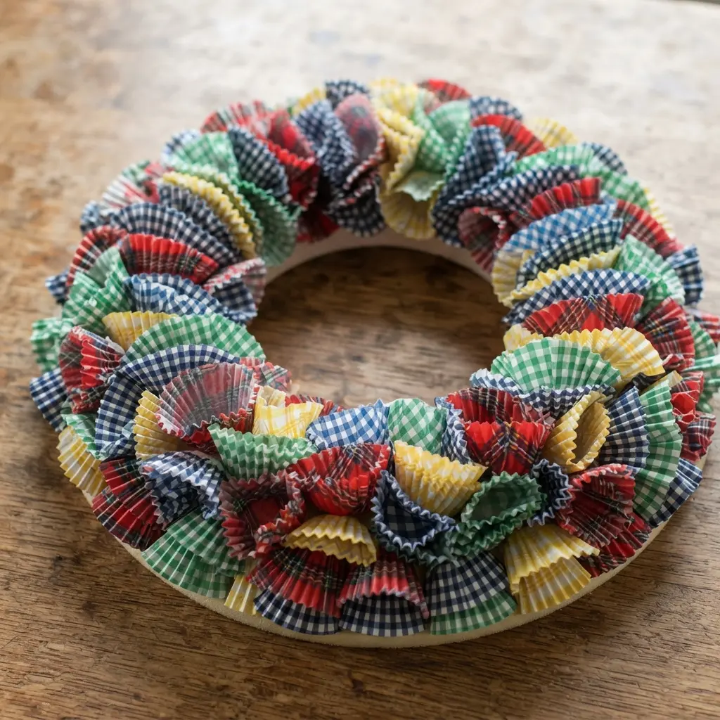 A colorful, textured wreath made from an assortment of red, blue, green, and yellow plaid print cupcake liners folded into layered points.