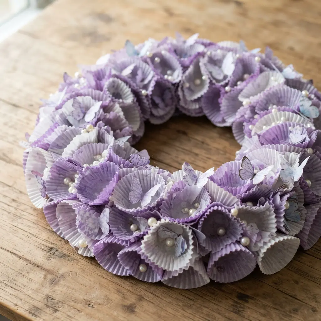 A purple and lavender wreath of ruffled cupcake liners adorned with small paper butterflies and scattered faux pearl beads.