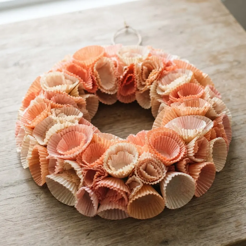 A warm-toned wreath featuring peach, coral, and cream cupcake liners layered to create depth and a full, floral appearance.
