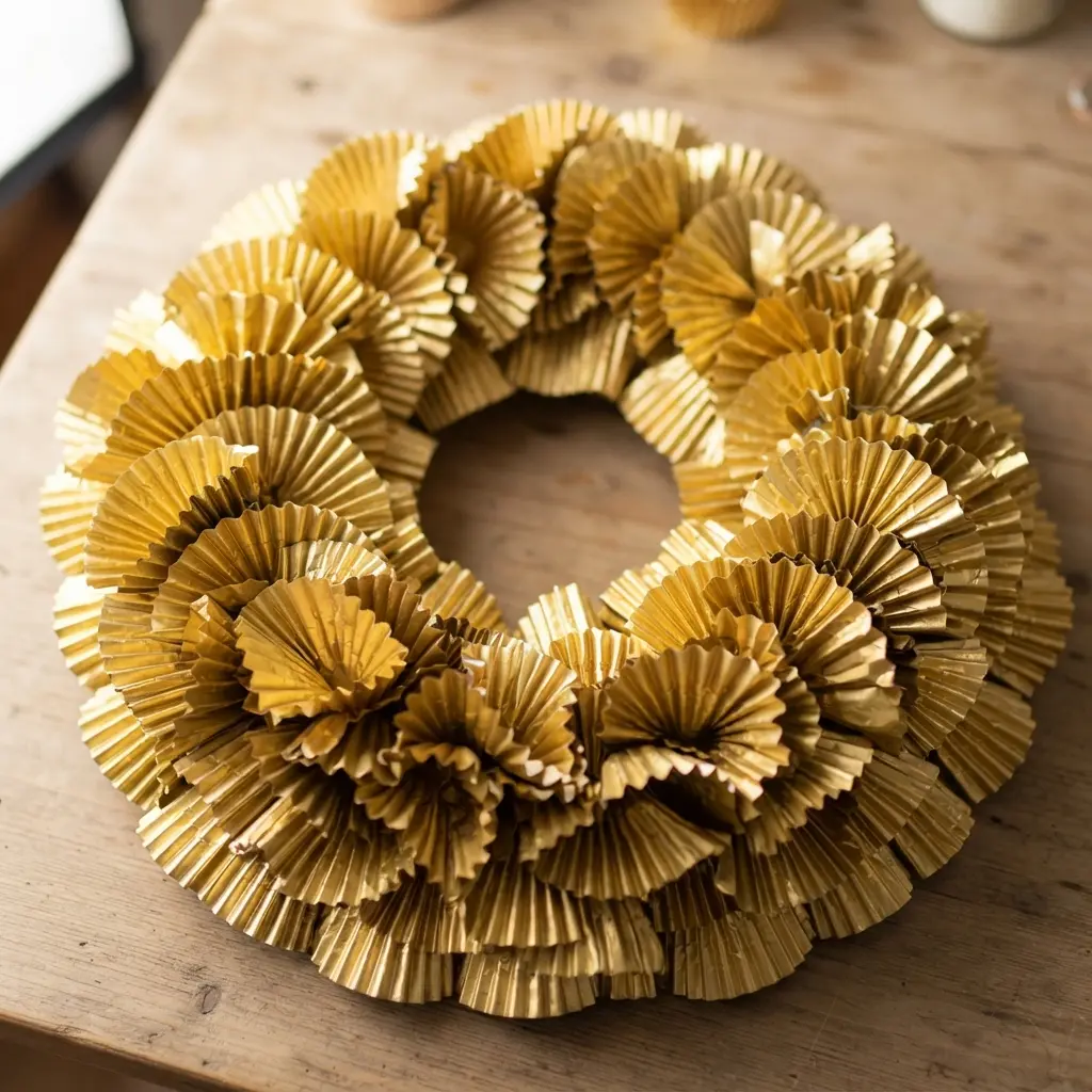 A stylish wreath made entirely from gold foil cupcake liners folded into geometric fan shapes, creating a shimmering metallic surface.