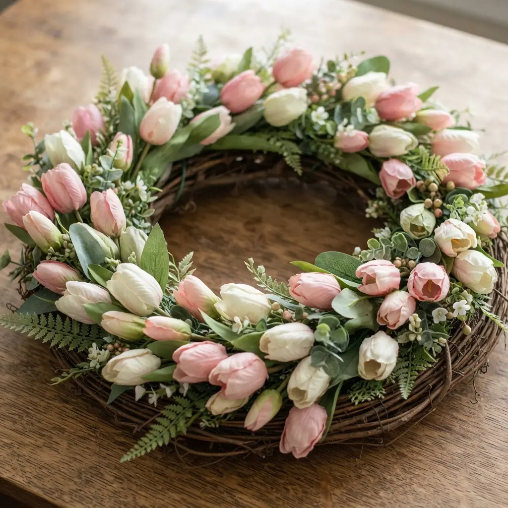 A rustic grapevine wreath base covered with clusters of pastel pink and cream tulip blooms.