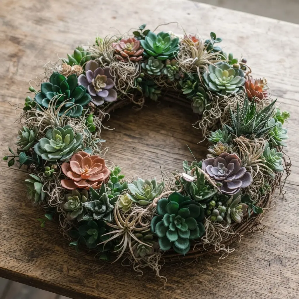 A circular wreath densely packed with an assortment of realistic faux succulents and air plants in shades of green and purple.