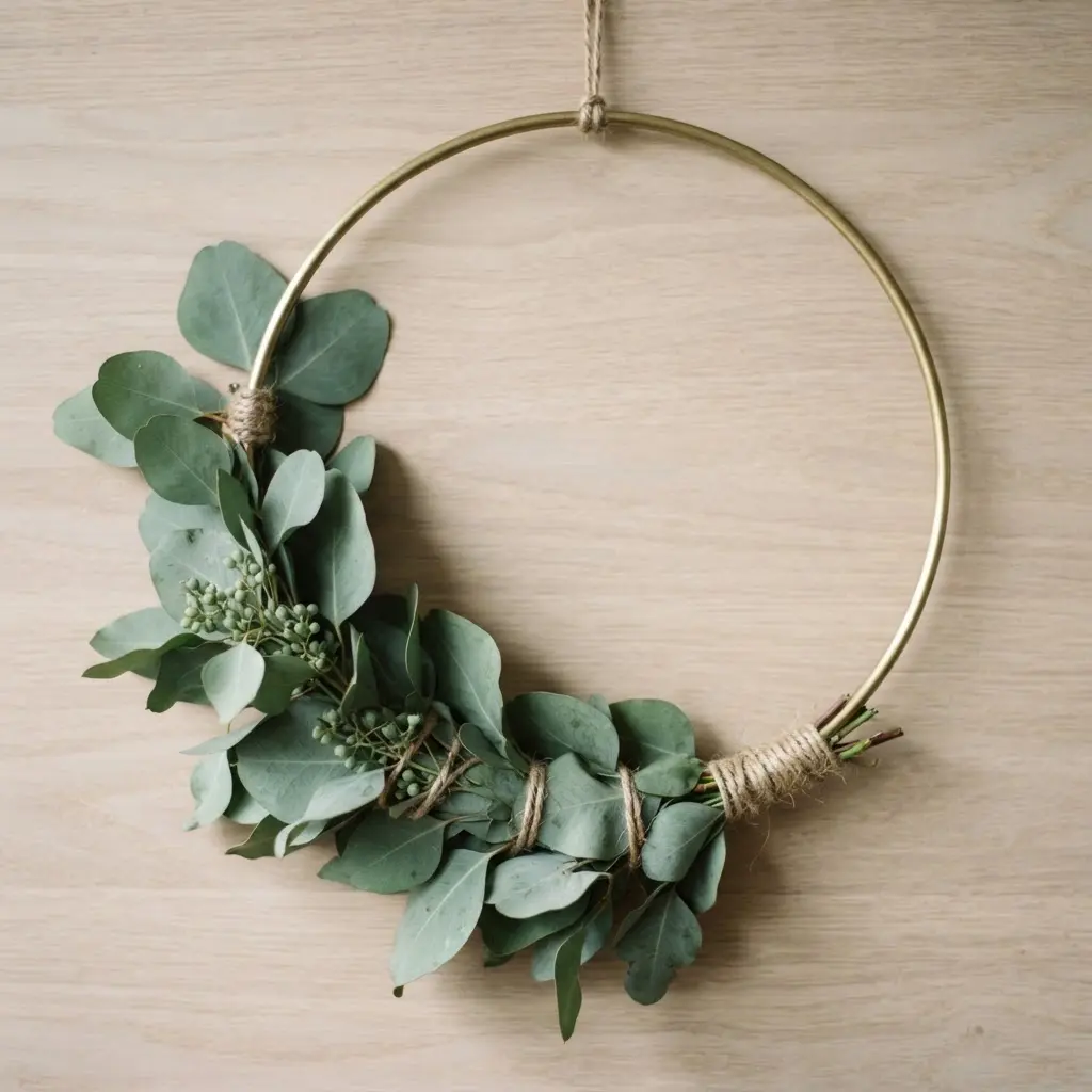 A minimalist circular metal hoop wreath with trailing stems of silver dollar eucalyptus.