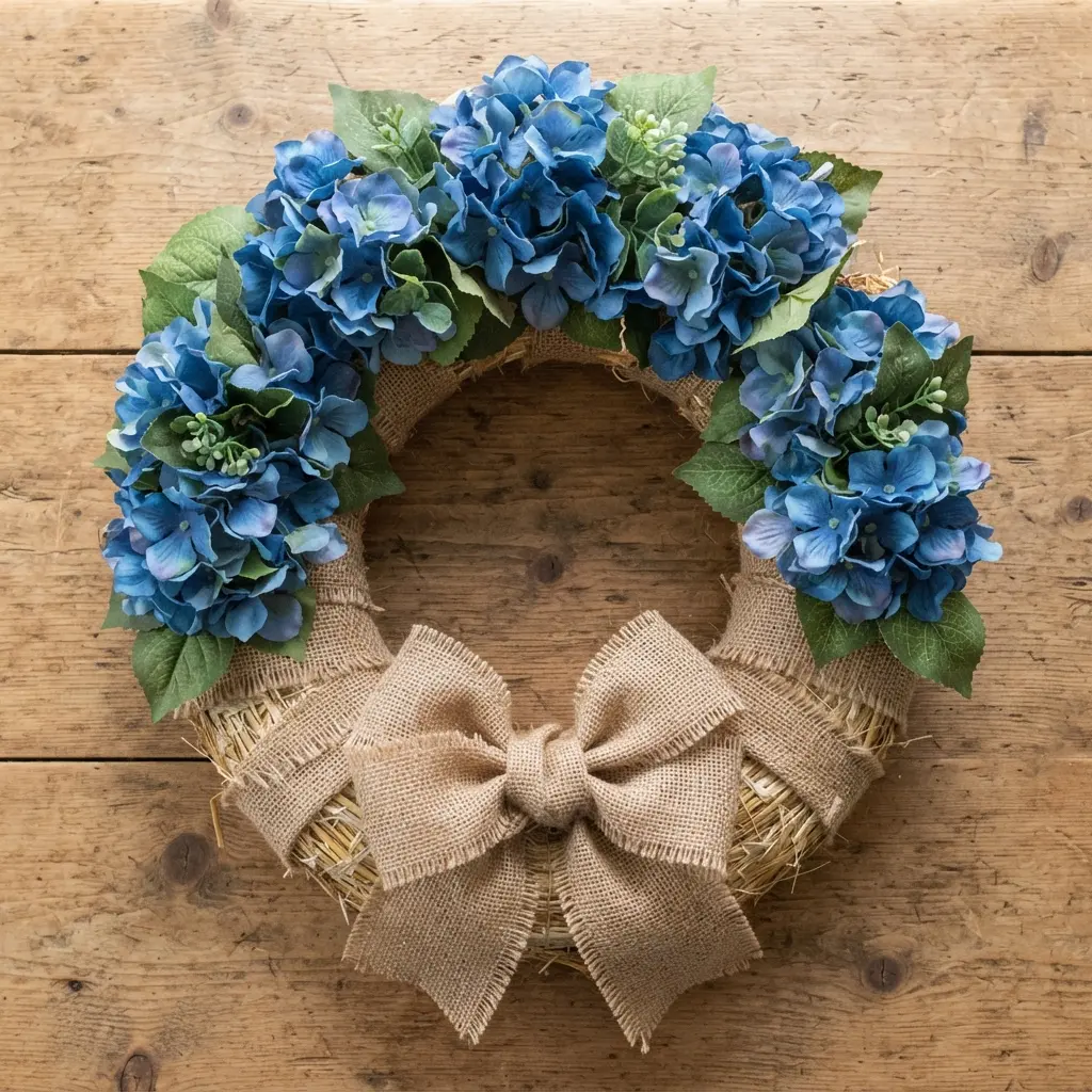 A natural straw wreath wrapped in textured burlap fabric, featuring a large burlap bow and clusters of blue silk hydrangeas.