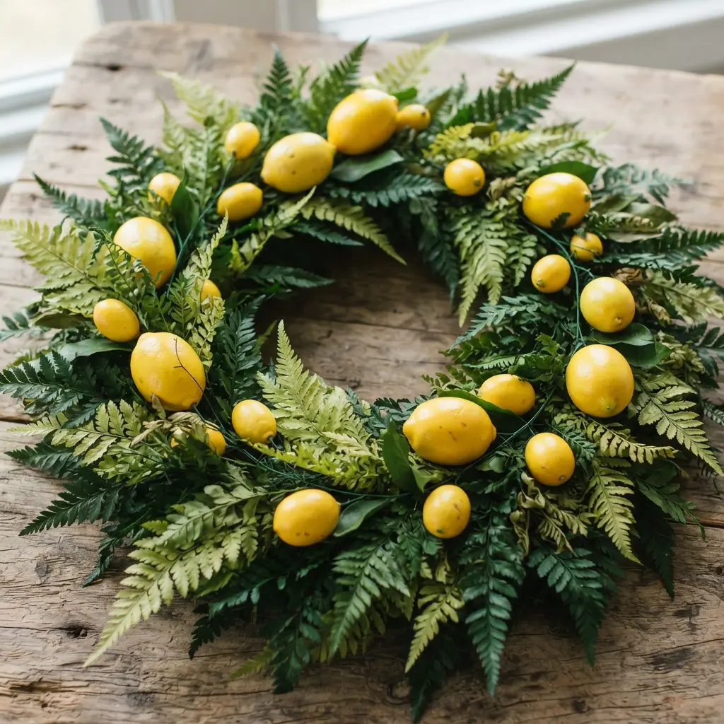 A lush green wreath made of mixed fern foliage with bright yellow artificial lemons scattered throughout.