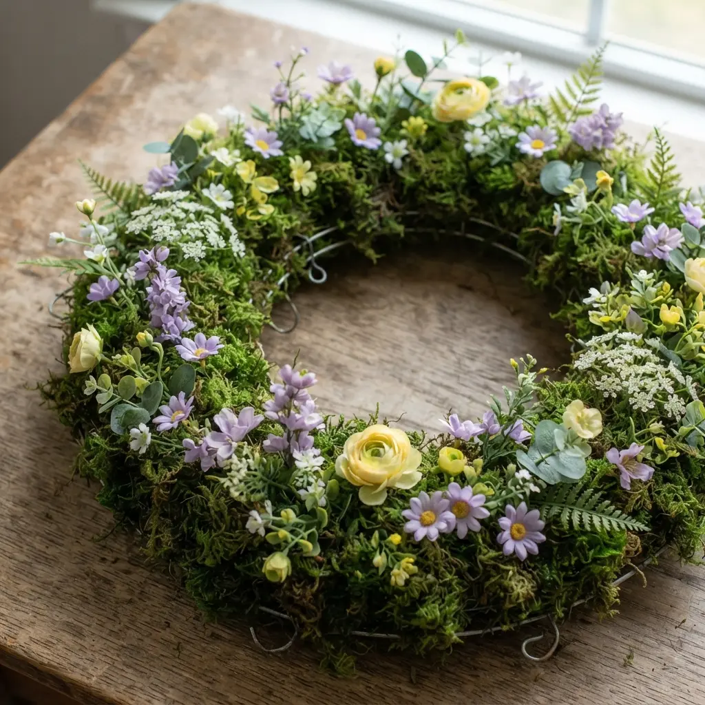 A round wire wreath form completely covered in green sheet moss, with small purple, yellow, and white silk wildflowers nestled in.