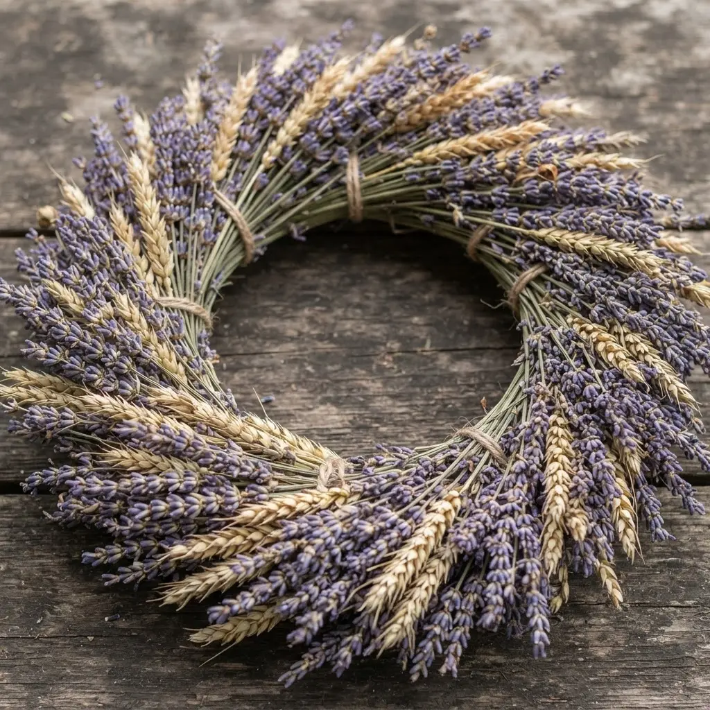 A simple wreath constructed from tight bundles of dried lavender stems accented with dried wheat stalks.