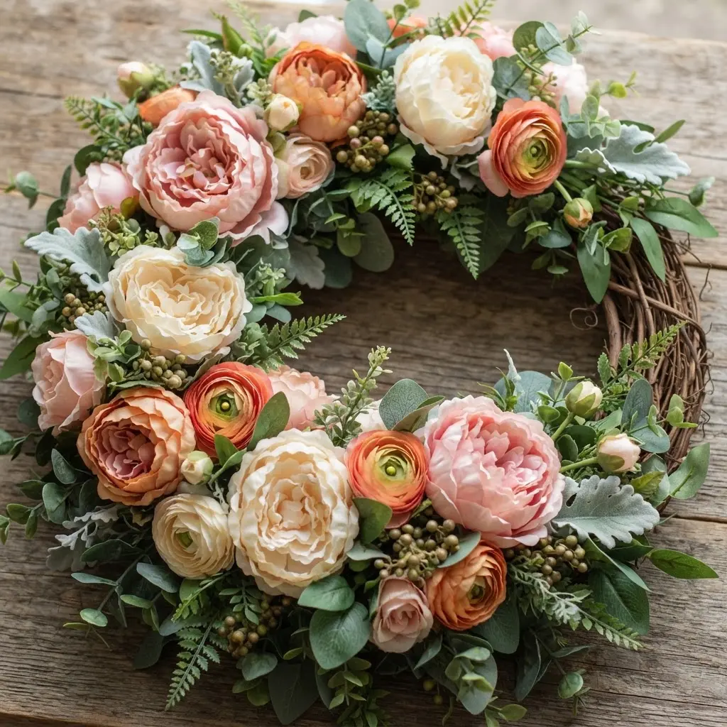A full, floral wreath with large blush pink peonies and creamy ranunculus flowers mixed with green foliage.