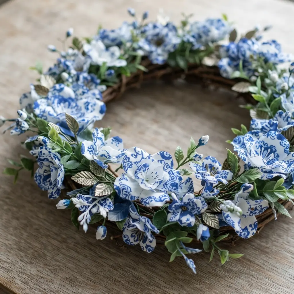 A structured wreath featuring blue and white porcelain-style flowers and decorative elements on a dark background.