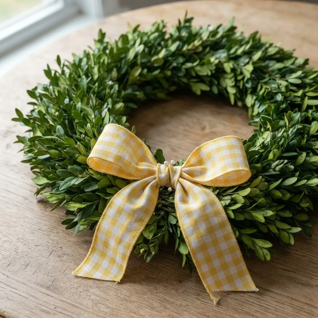 A dense, green boxwood wreath adorned with a wide, cheerful yellow and white gingham ribbon bow.