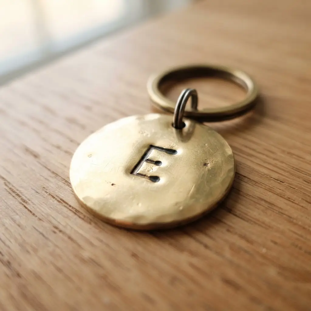 A close-up of a round, polished brass keychain with a crisp, sans-serif initial stamped in the center.