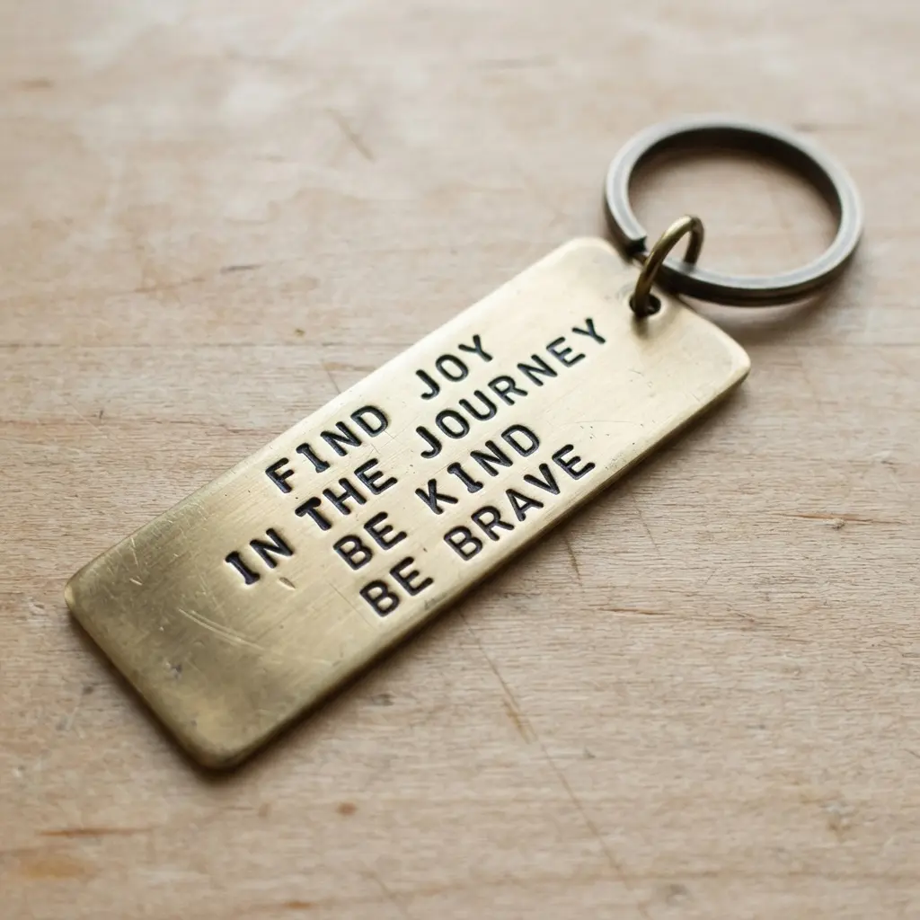 A long, rectangular brass keychain with a multi-line inspirational quote stamped in a vintage typewriter font.