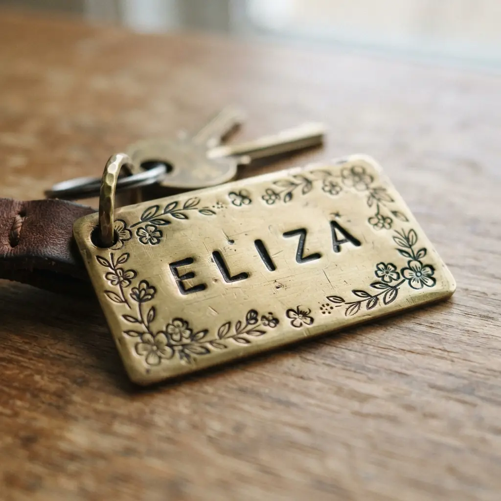 A rectangular brass keychain blank with a stamped name surrounded by a delicate border of floral motifs.