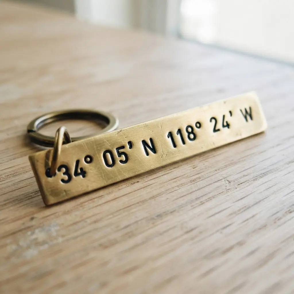 A slender, rectangular brass keychain with precisely stamped longitude and latitude coordinates.