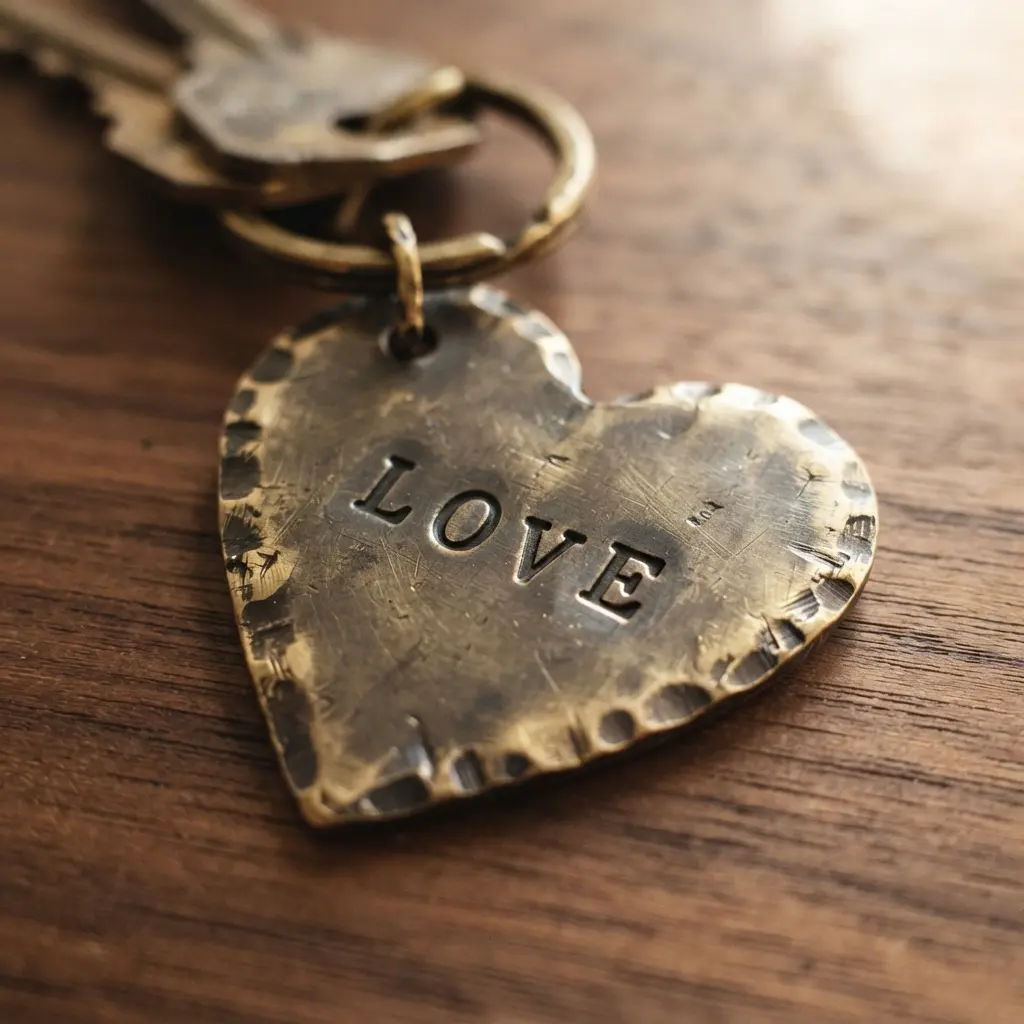 A heart-shaped brass keychain featuring a hammered edge texture and a single word stamped in the center.