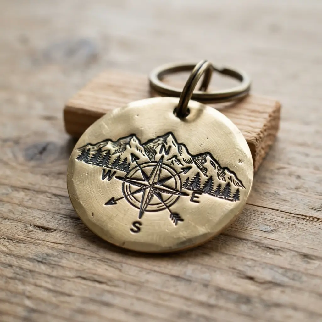 A brass disc keychain with an intricately stamped design of a mountain range layered over a compass rose.