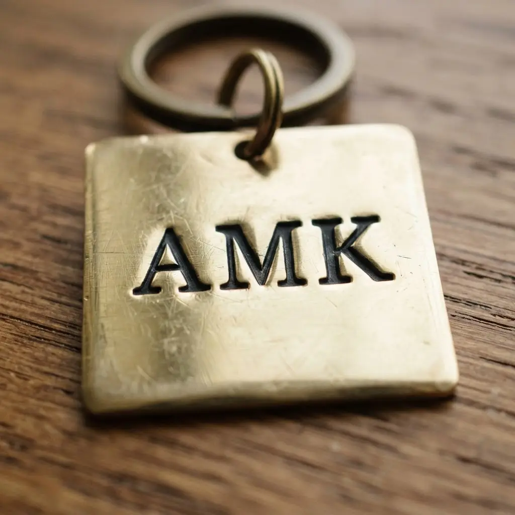 A square, polished brass keychain featuring a bold, serif-font monogram stamped with deep impressions.