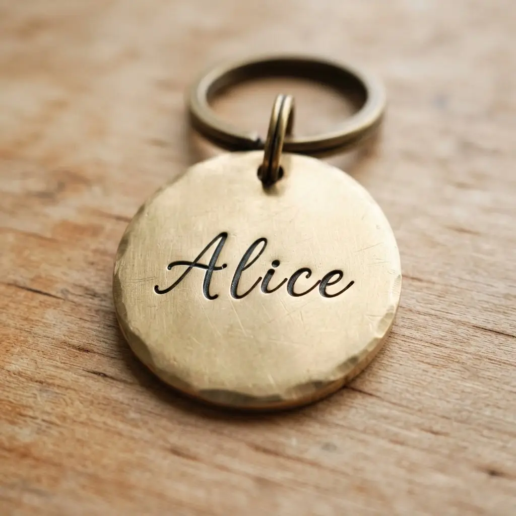 An oval-shaped brass keychain tag with a single name elegantly stamped in a delicate script font.
