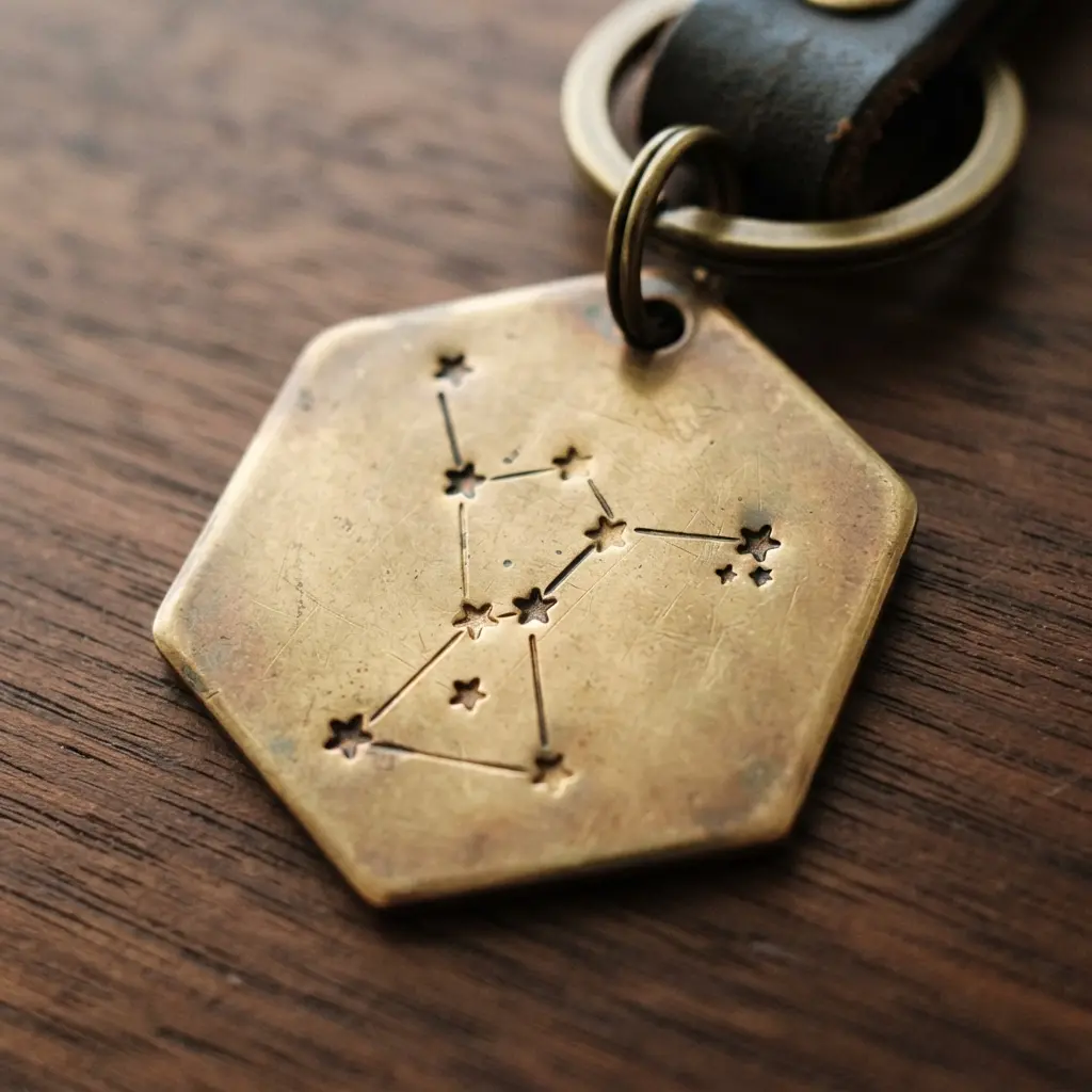 A hexagonal brass keychain blank stamped with a pattern of stars connected to form a specific constellation.