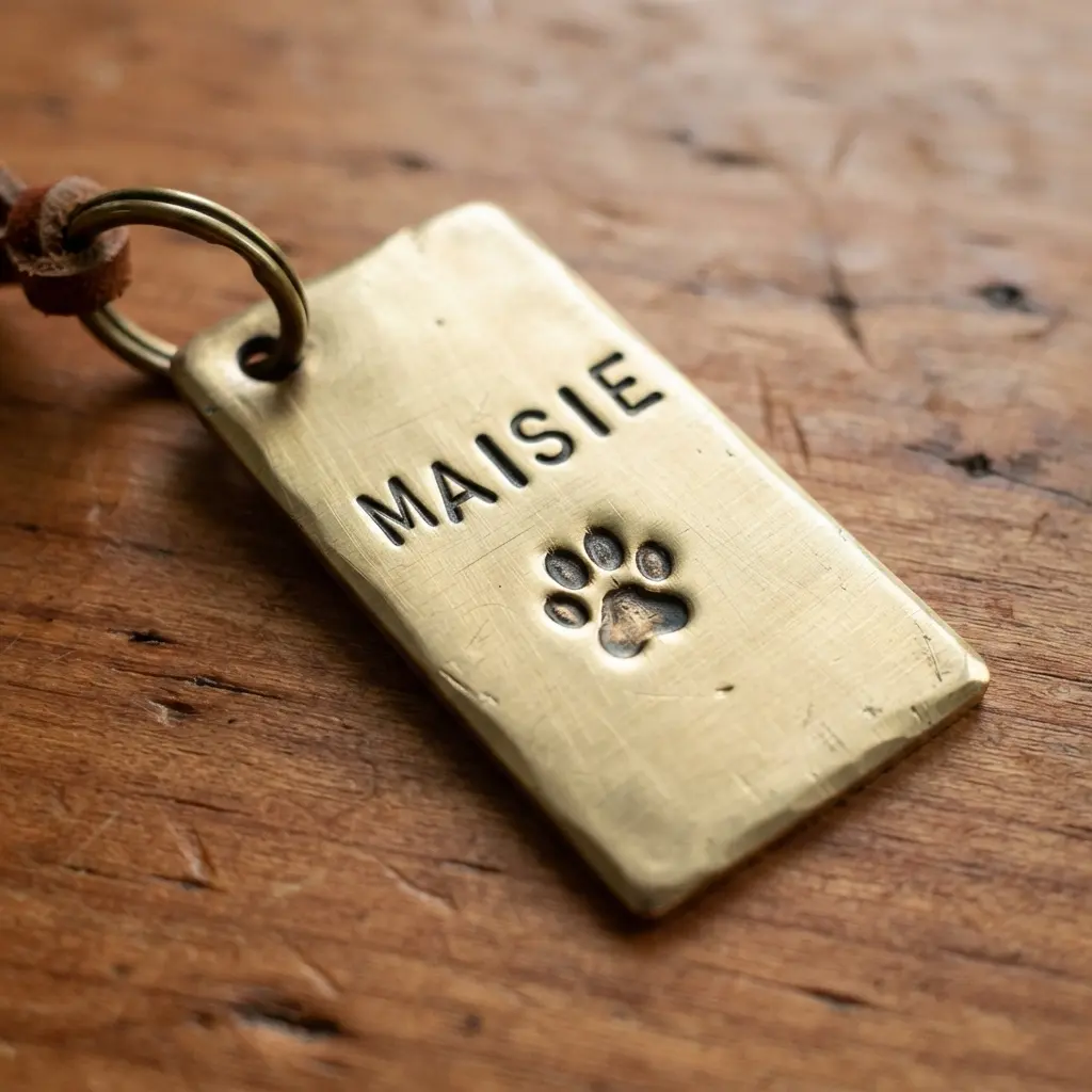 A rectangular brass keychain with a stamped pet name accompanied by a small paw print motif.