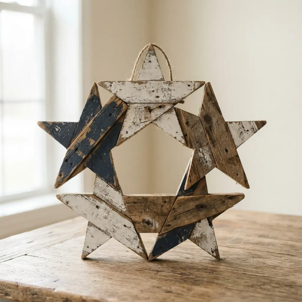 A rustic star wreath made from reclaimed wood with white and blue distressed paint.